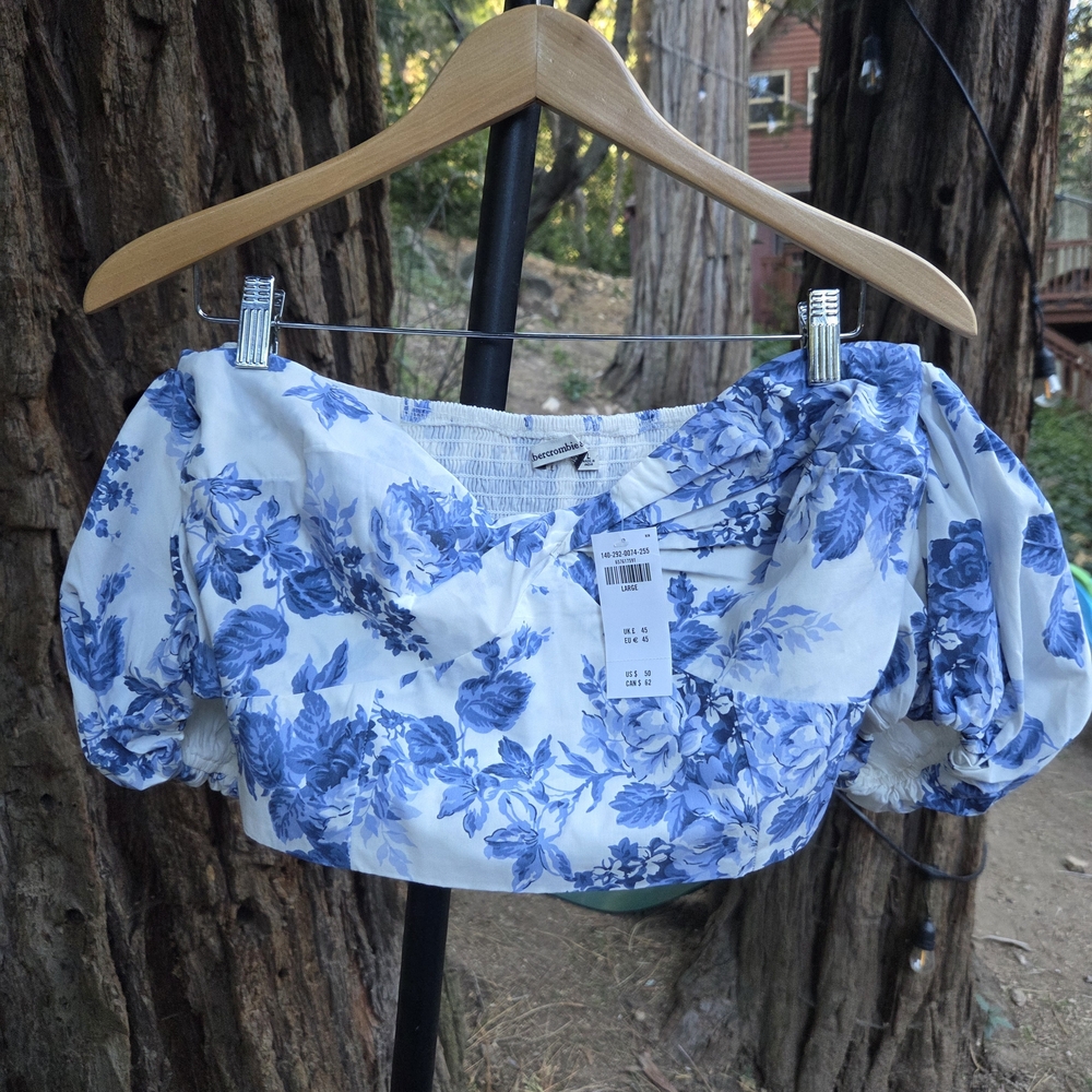 Abercrombie And Fitch NWT Floral Bridgerton Blue Off-Shoulder Top Size Large